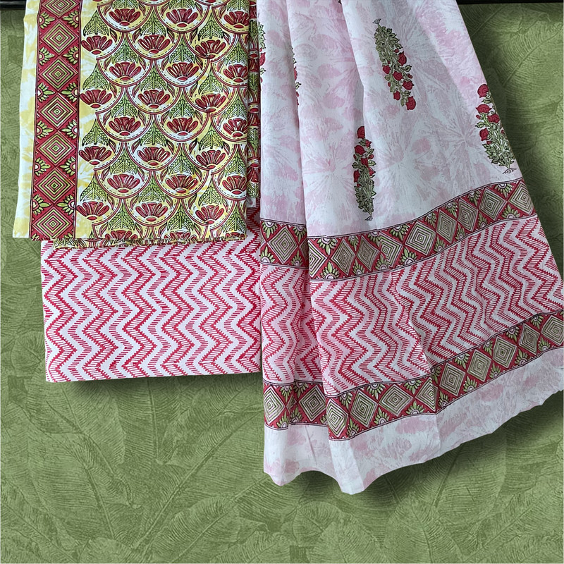 Hand Block Printed Pink & Green Cotton Dress Material - additional view