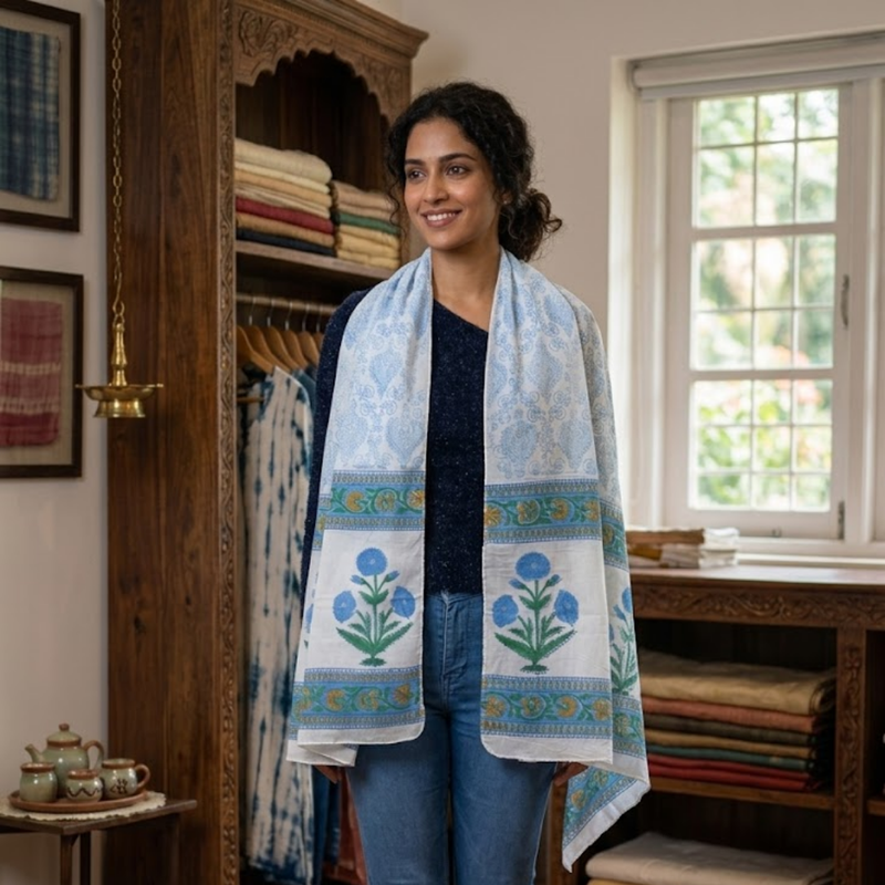 Blue Floral Handblock Printed Cotton Stole