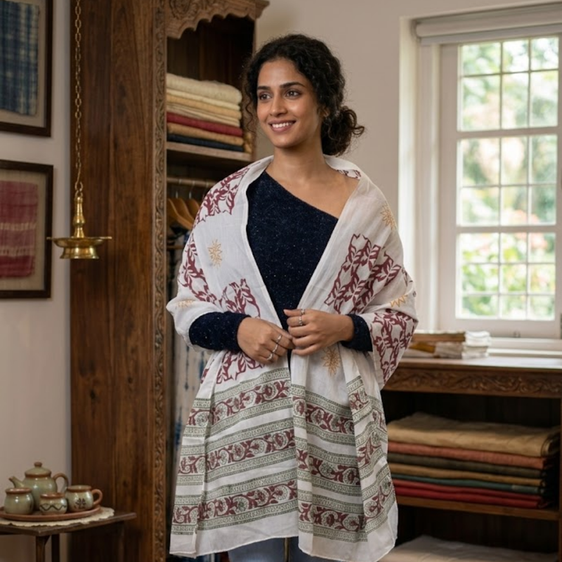 Maroon Floral & Mustard Star Handblock Printed Cotton Stole