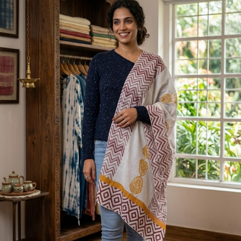Mustard Bloom & Maroon Maze Handblock Printed Cotton Stole