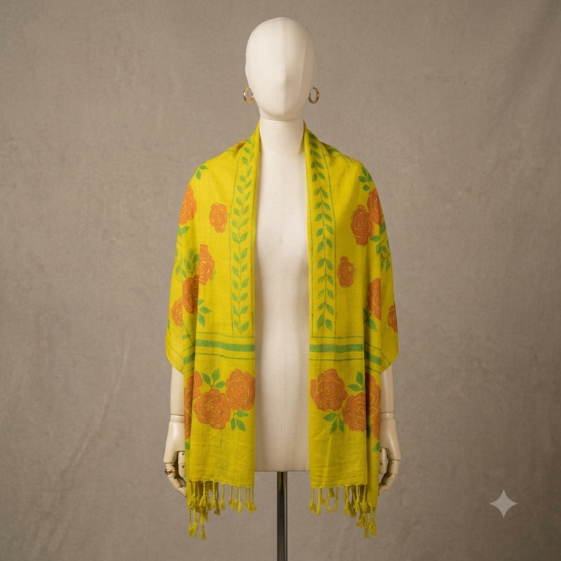 Lime Rose Garden Fabric Painted Cotton Stole - additional view