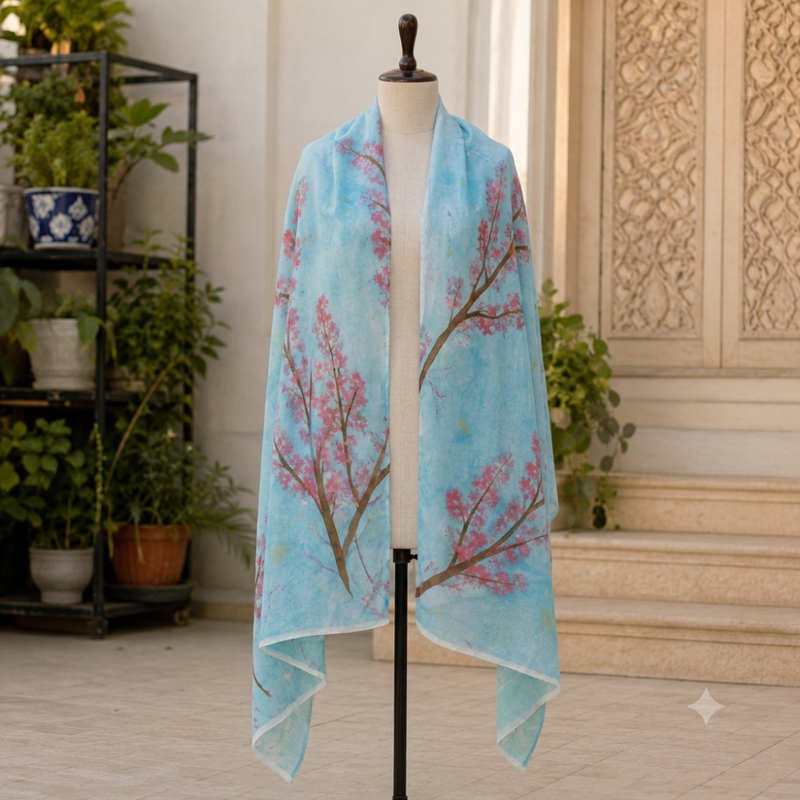 Cherry Bloom Blue Fabric Painted Cotton Stole - additional view
