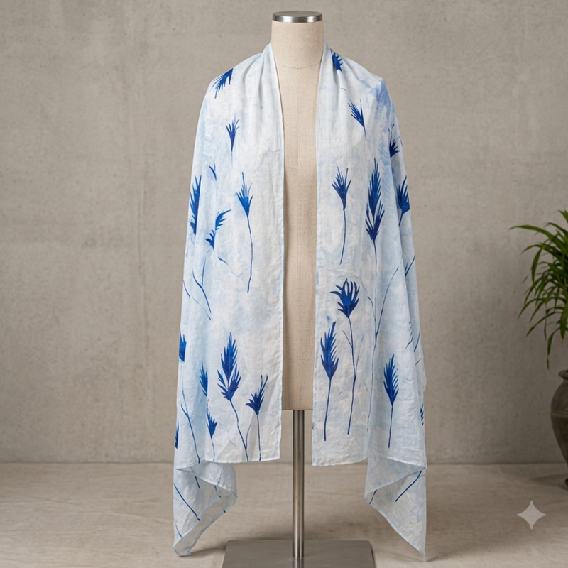 Blue Breeze Fabric Painted Cotton Stole - additional view