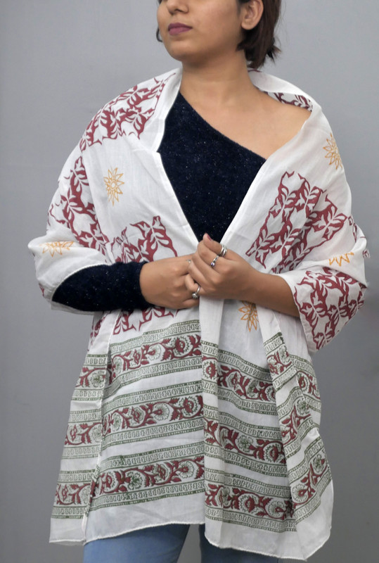 Maroon Floral & Mustard Star Handblock Printed Cotton Stole - additional view