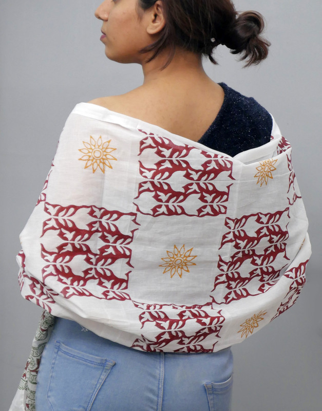 Maroon Floral & Mustard Star Handblock Printed Cotton Stole - additional view