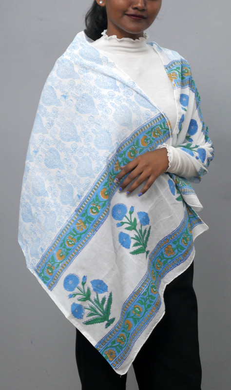 Blue Floral Handblock Printed Cotton Stole - additional view