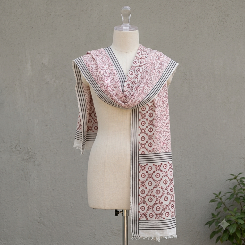 Red & Brown Harmony Hand Block Printed Cotton Stole - additional view