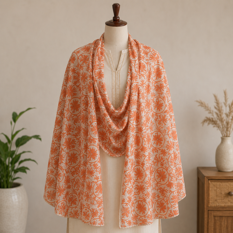 Orange Blossom Hand Block Printed Cotton Stole - additional view