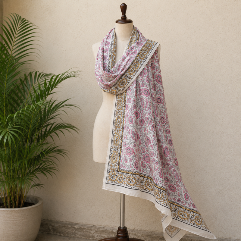 Floral Elegance Hand Block Printed Cotton Stole - additional view