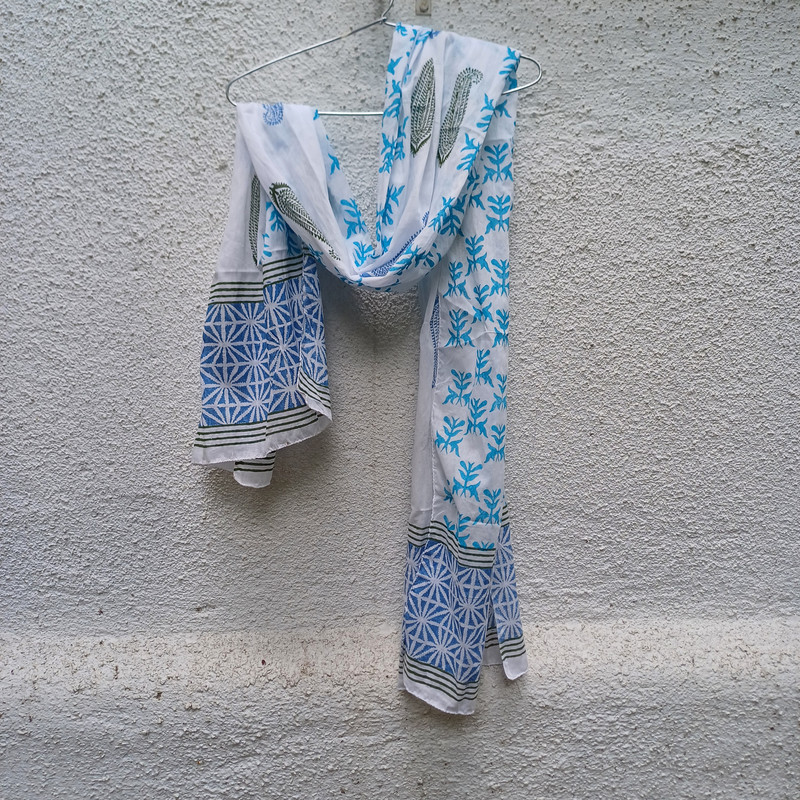 Blue Geometric Design Handblock Printed Cotton Stole - additional view