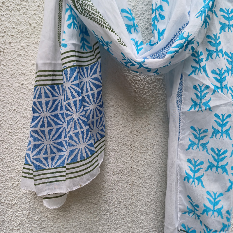 Blue Geometric Design Handblock Printed Cotton Stole - additional view