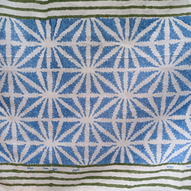 Blue Geometric Design Handblock Printed Cotton Stole - additional view
