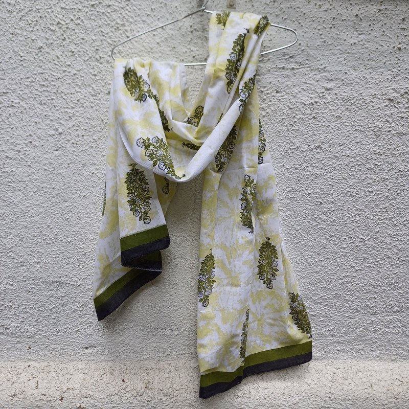 Green Motifs Handblock Printed Cotton Stole - additional view