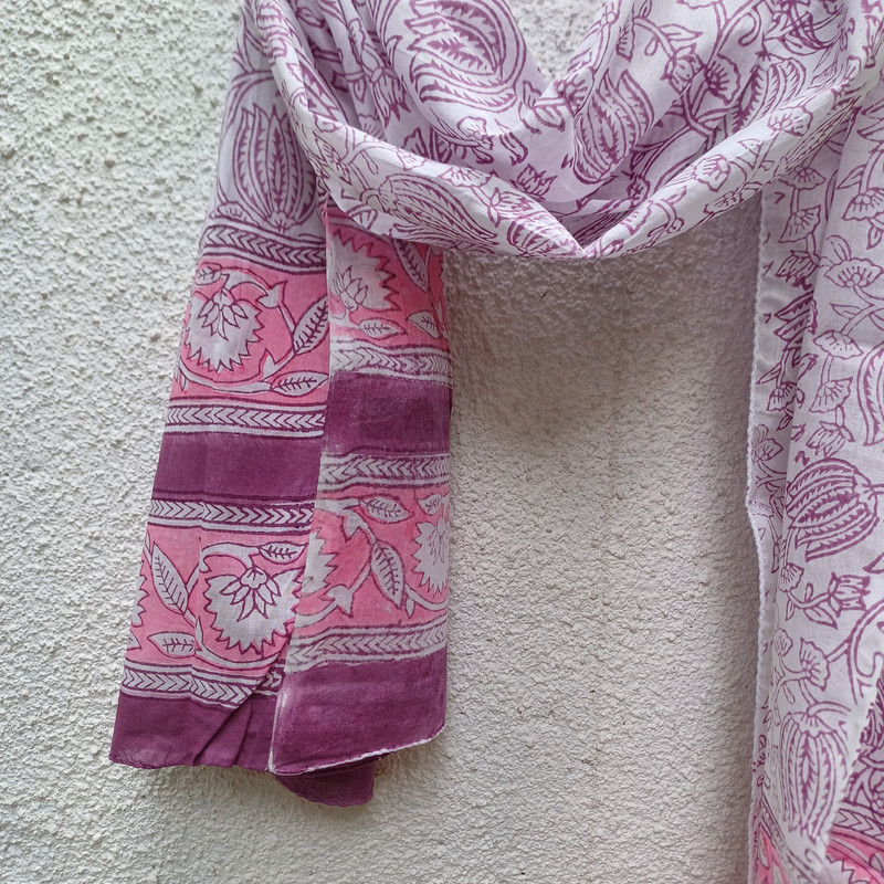 Pink Bloom Handblock Printed Cotton Stole - additional view