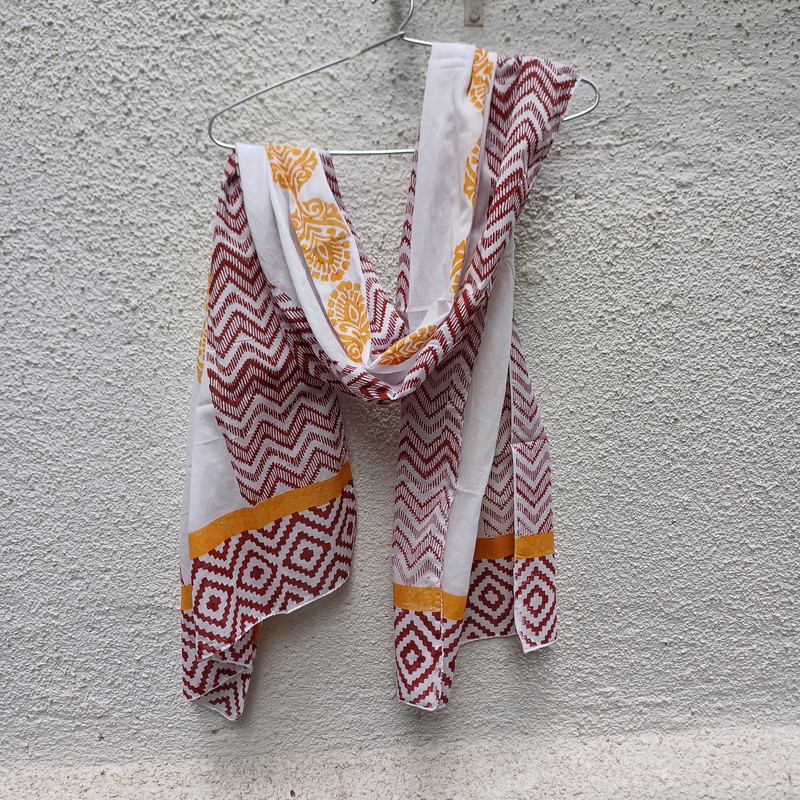 Mustard Bloom & Maroon Maze Handblock Printed Cotton Stole - additional view
