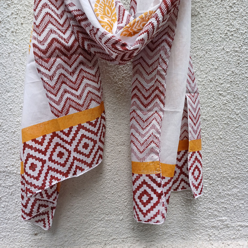 Mustard Bloom & Maroon Maze Handblock Printed Cotton Stole - additional view