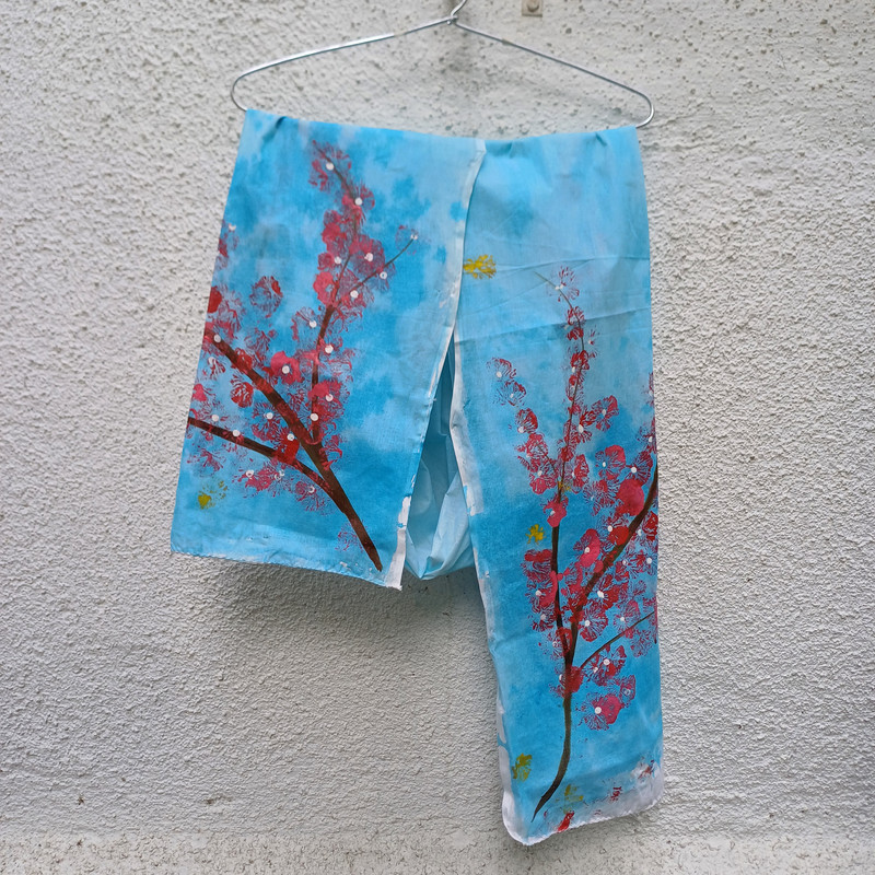 Cherry Bloom Blue Fabric Painted Cotton Stole - additional view
