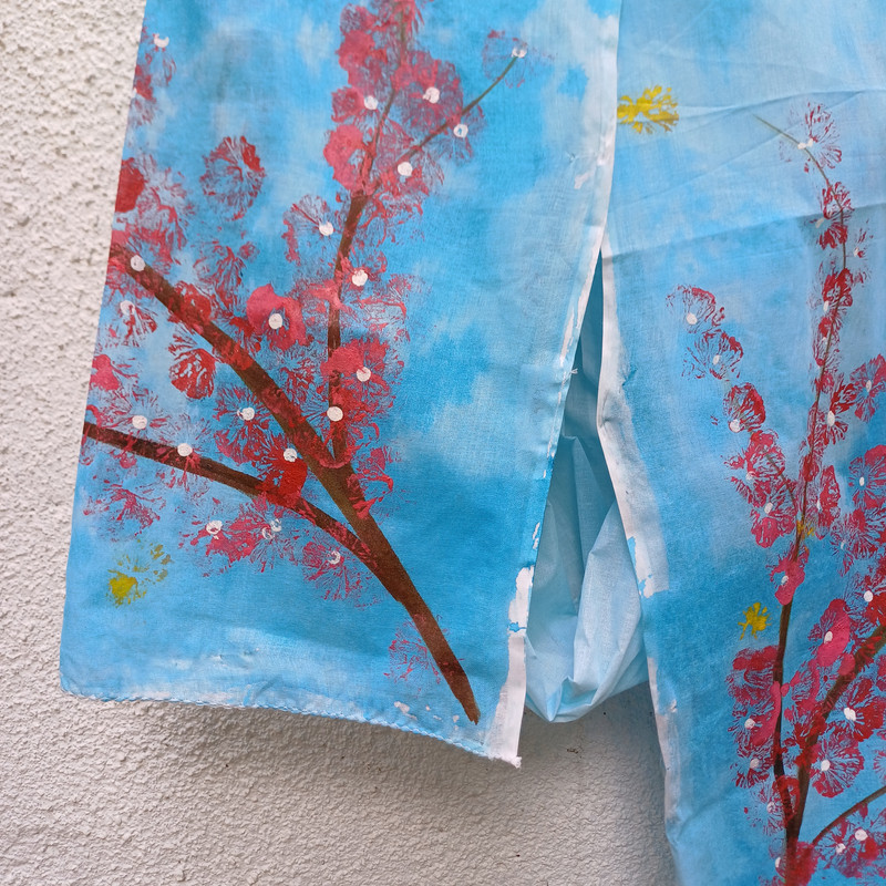 Cherry Bloom Blue Fabric Painted Cotton Stole - additional view