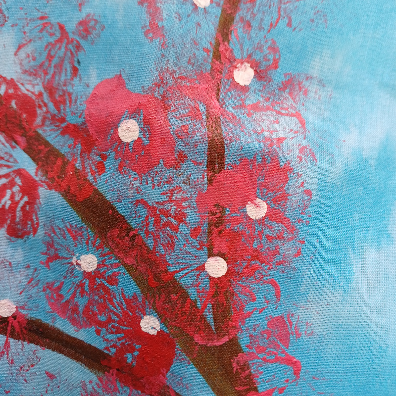 Cherry Bloom Blue Fabric Painted Cotton Stole - additional view