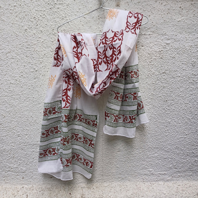 Maroon Floral & Mustard Star Handblock Printed Cotton Stole - additional view