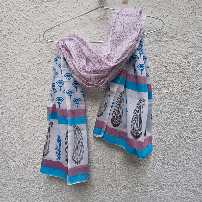 Blue Floral Breeze Handblock Printed Cotton Stole - additional view