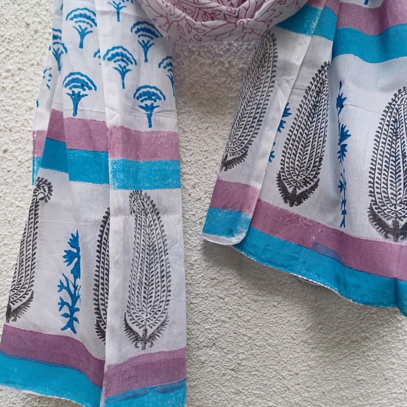Blue Floral Breeze Handblock Printed Cotton Stole - additional view