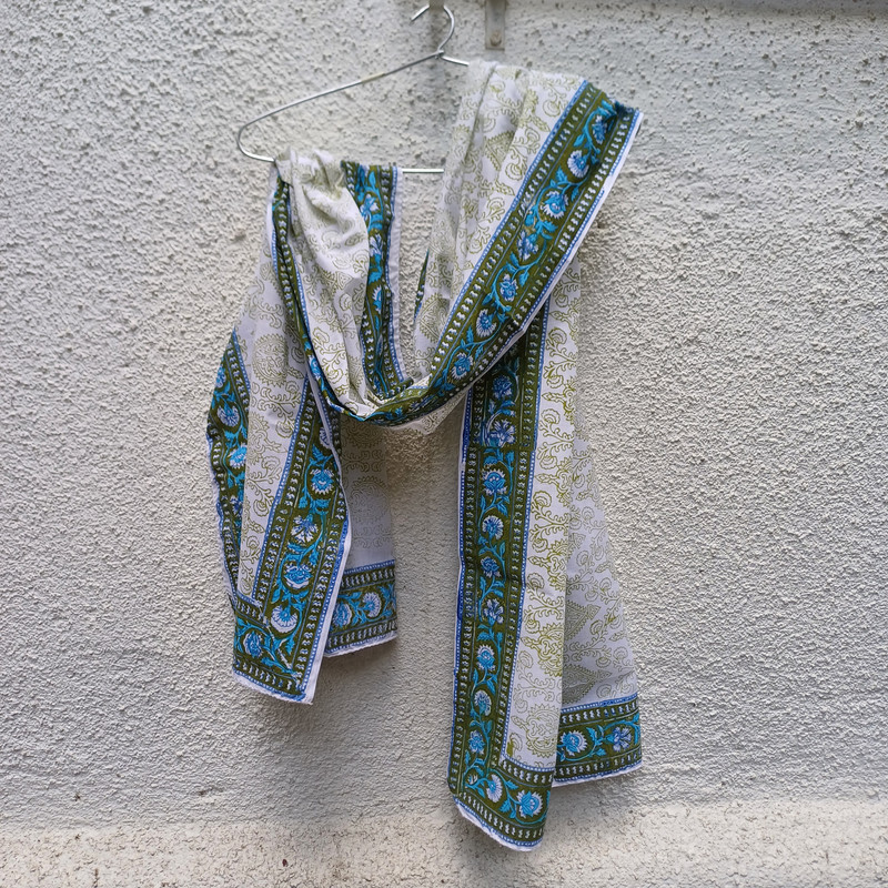 Blue Bloom Border Handblock Printed Cotton Stole - additional view