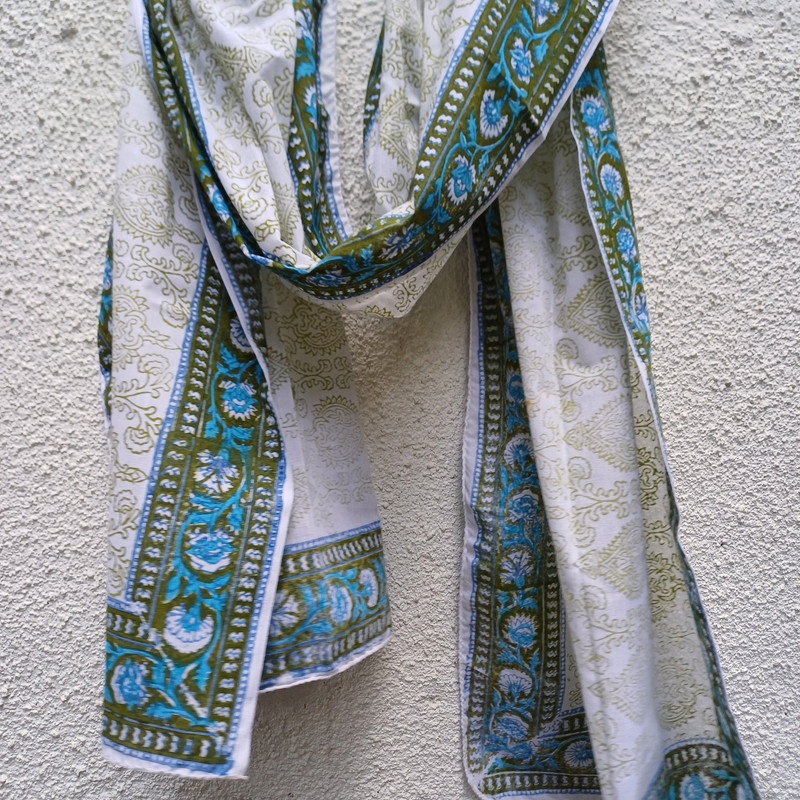 Blue Bloom Border Handblock Printed Cotton Stole - additional view