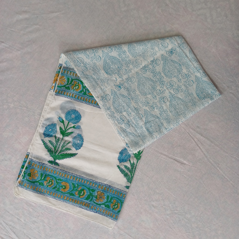 Blue Floral Handblock Printed Cotton Stole - additional view