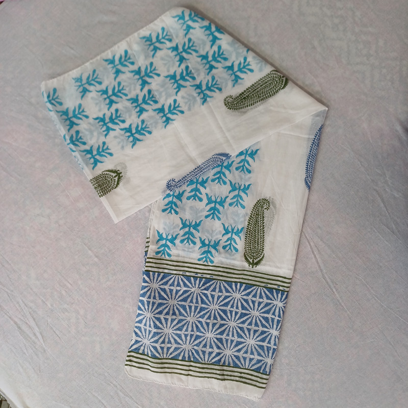 Blue Geometric Design Handblock Printed Cotton Stole - additional view