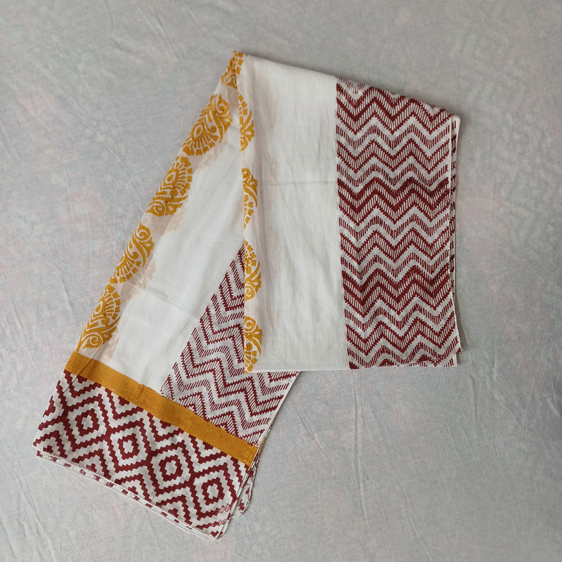 Mustard Bloom & Maroon Maze Handblock Printed Cotton Stole - additional view