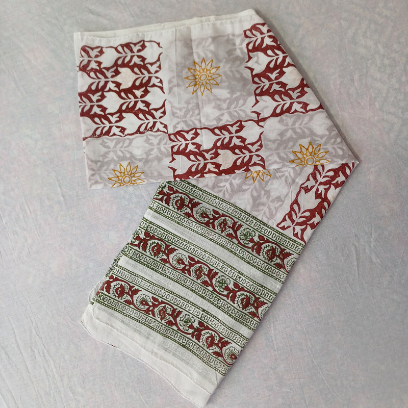 Maroon Floral & Mustard Star Handblock Printed Cotton Stole - additional view