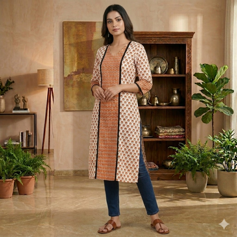 Qyaari by Penkraft Handblock Printed Straight Kurti