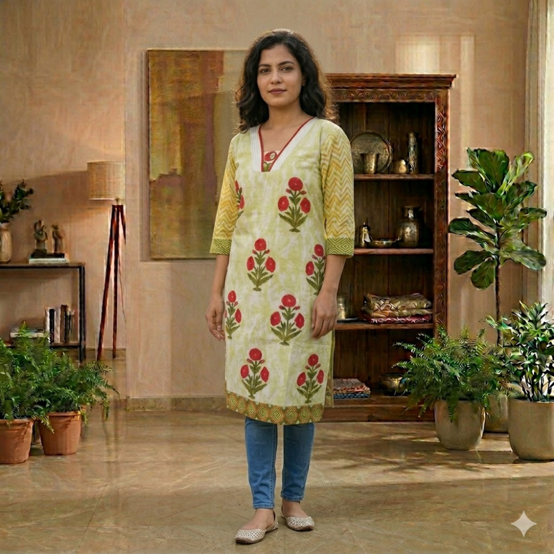 Qyaari by Penkraft Handblock Long Kurti