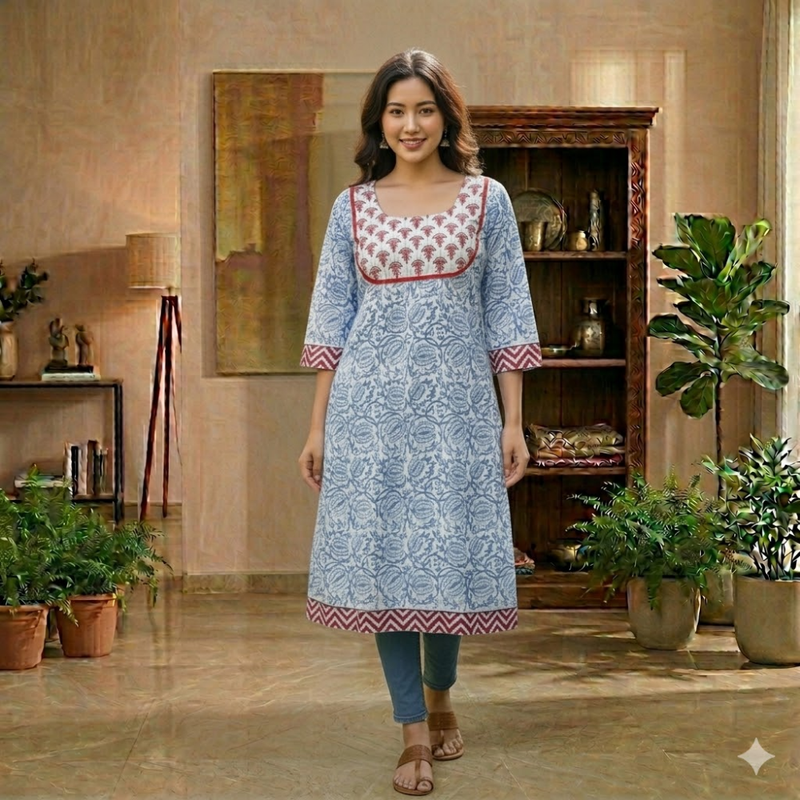 Qyaari by Penkraft Cotton Handblock Kurta for Women