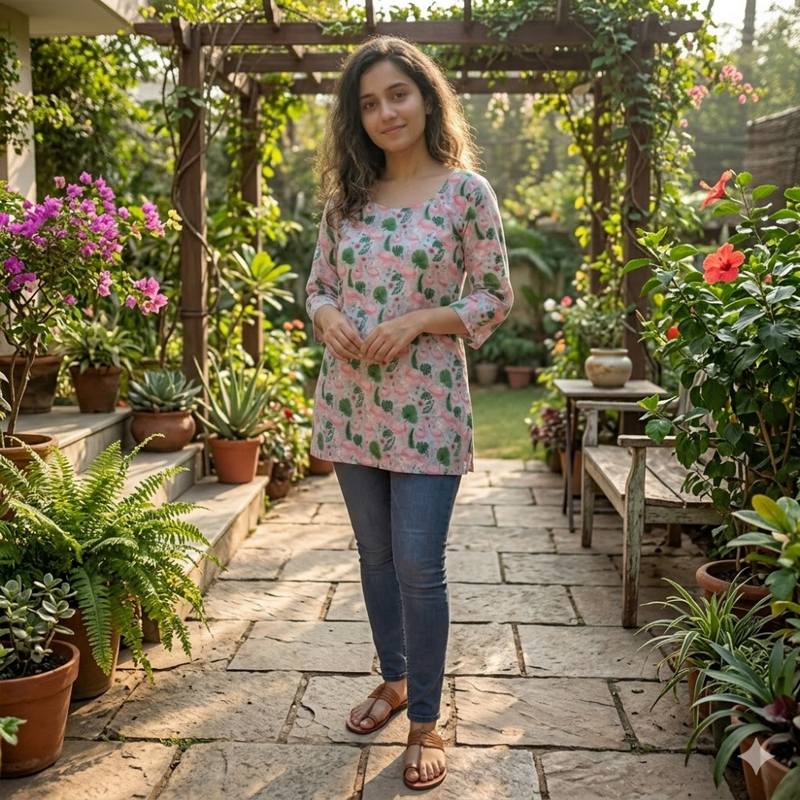Qyaari Fashionable Short Digital Print Kurti for Work & Travel