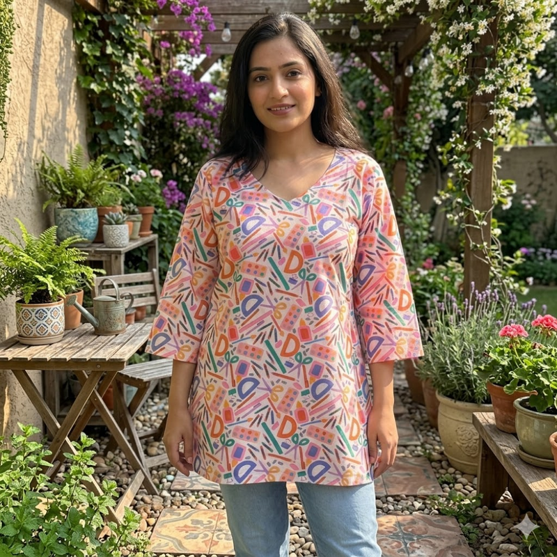 Qyaari Lightweight Short Kurti with Artistic Digital Prints