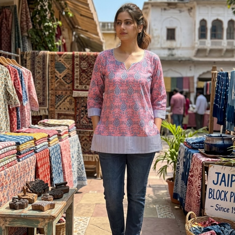 Qyaari by Penkraft Handblock Printed Short Kurti for Women - Comfortable Ethnic Daily Wear