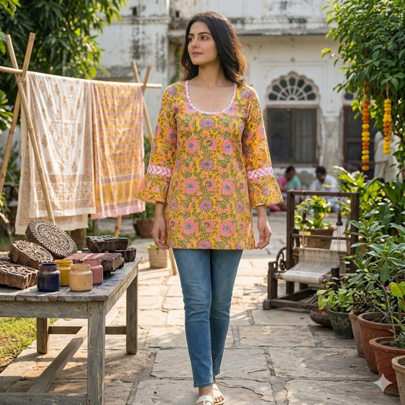 Handblock Printed Short Kurti for Women by Qyaari - Elegant Casual Ethnic Wear
