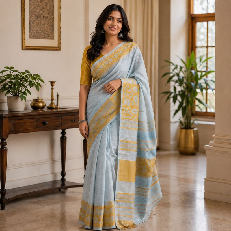 
Women's Elegant  Linen Saree with Zari Border & Unstitched Blouse Piece