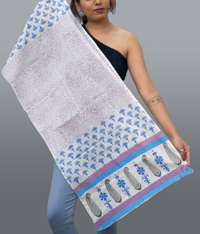 Blue Floral Breeze Handblock Printed Cotton Stole - additional view