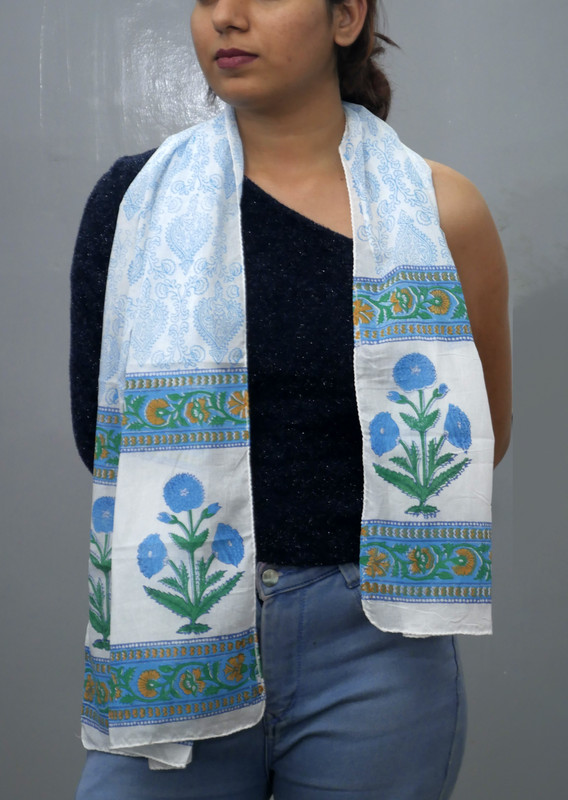 Blue Floral Handblock Printed Cotton Stole - additional view