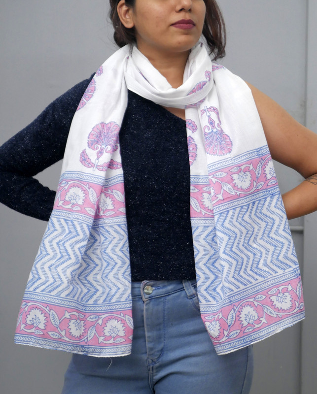 Floral Mist Handblock Printed Cotton Stole - additional view
