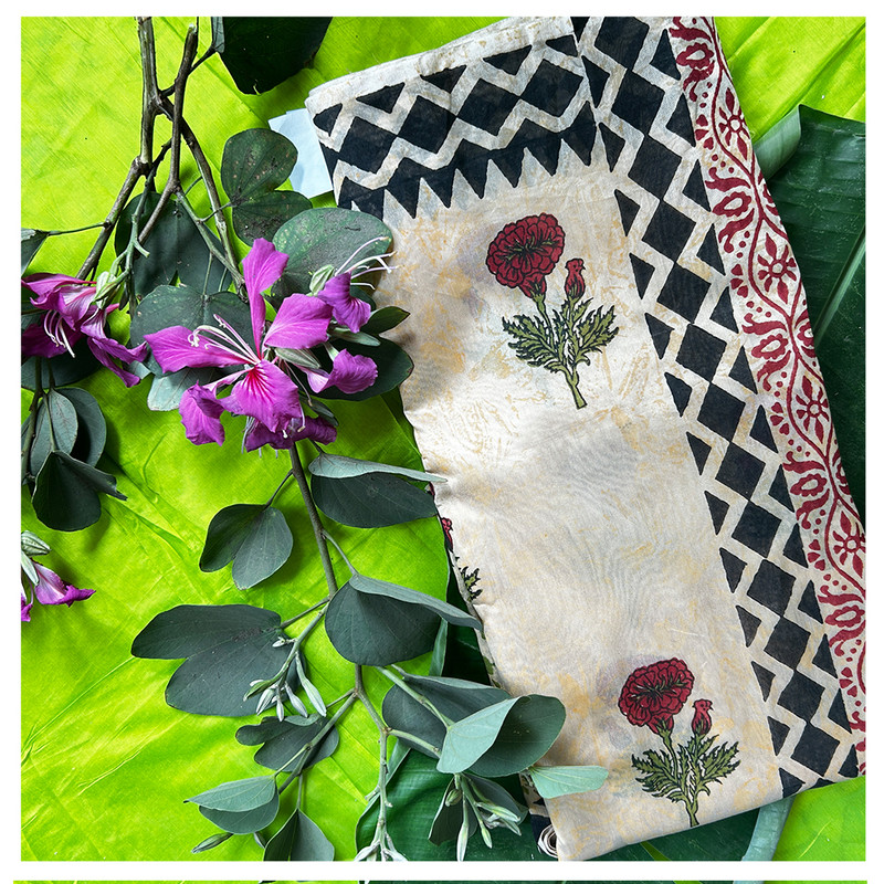 Hand Block Printed Beige Textured Saree with Broad Green Border and Red Floral Motifs - additional view