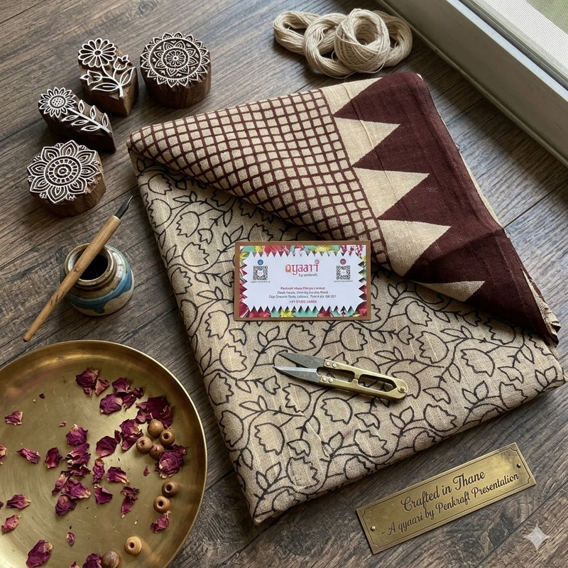 Qyaari Linen Saree for Women | Hand Block Printed | Lightweight & Breathable | Summer Wear | With Blouse - additional view