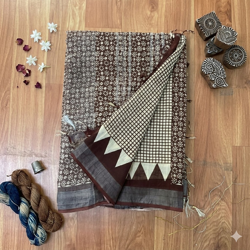 Qyaari Linen Saree for Women | Hand Block Printed | Lightweight & Breathable | Summer Wear | With Blouse - additional view