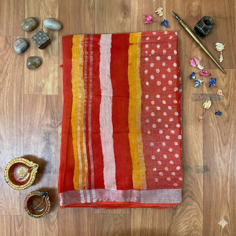 Qyaari Premium Linen Saree for Women | Hand Block Printed | Lightweight & Comfortable | With Blouse - additional view