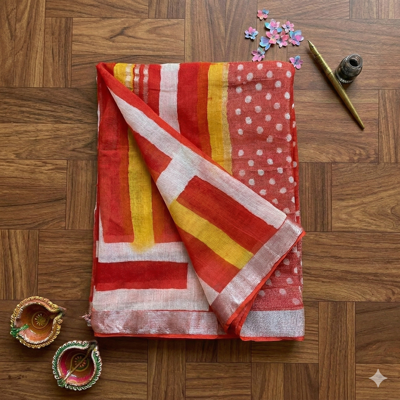Qyaari Premium Linen Saree for Women | Hand Block Printed | Lightweight & Comfortable | With Blouse - additional view