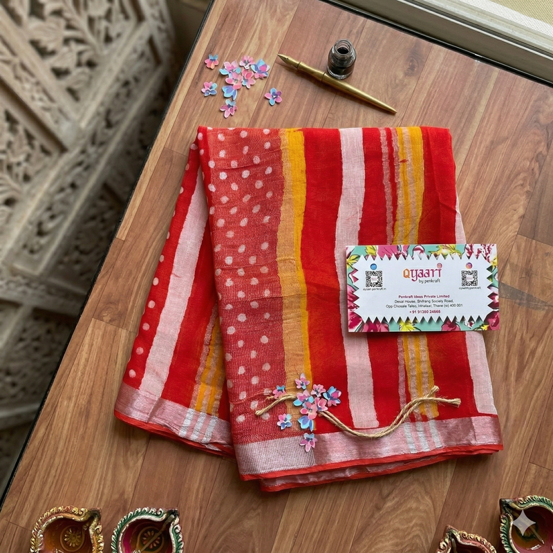 Qyaari Premium Linen Saree for Women | Hand Block Printed | Lightweight & Comfortable | With Blouse - additional view