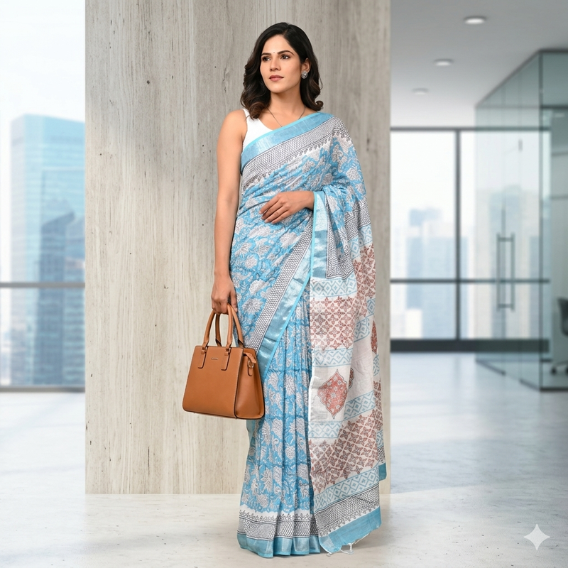 Qyaari Women’s Hand Block Printed Linen Saree | Breathable Fabric | Elegant Traditional Wear | With Blouse - additional view